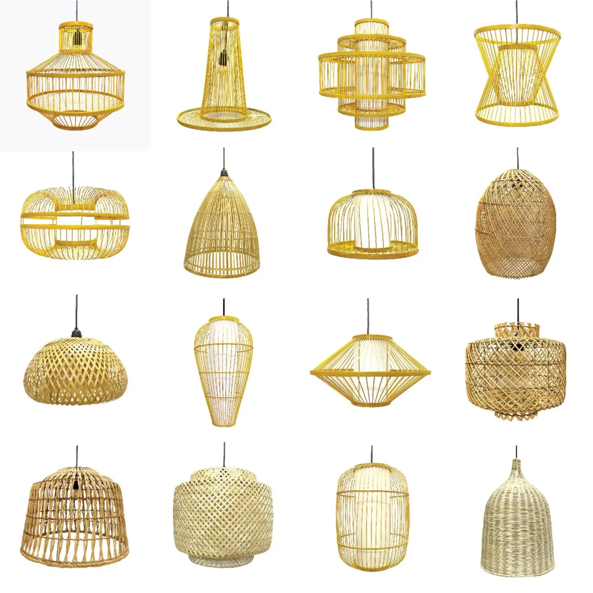 Bảng mẫu đèn mây tre đan thả trần — 16 kiểu dáng đa dạng từ mộc tự nhiên đến sơn vàng
